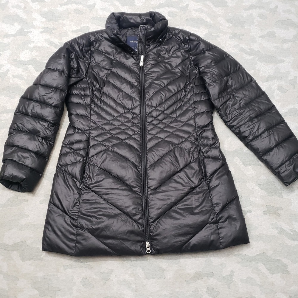 Lands End Down Puffer Jacket Womens Small Black Quilted Coat Outdoors